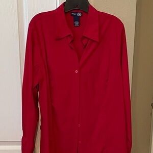 Fitted red long sleeve blouse with stretch